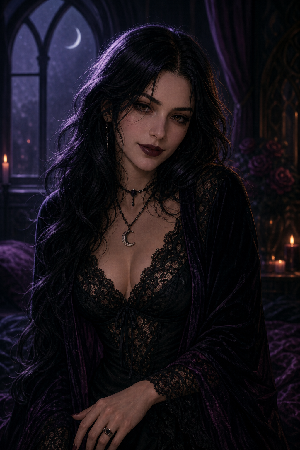 Raven in a moonlit gothic room